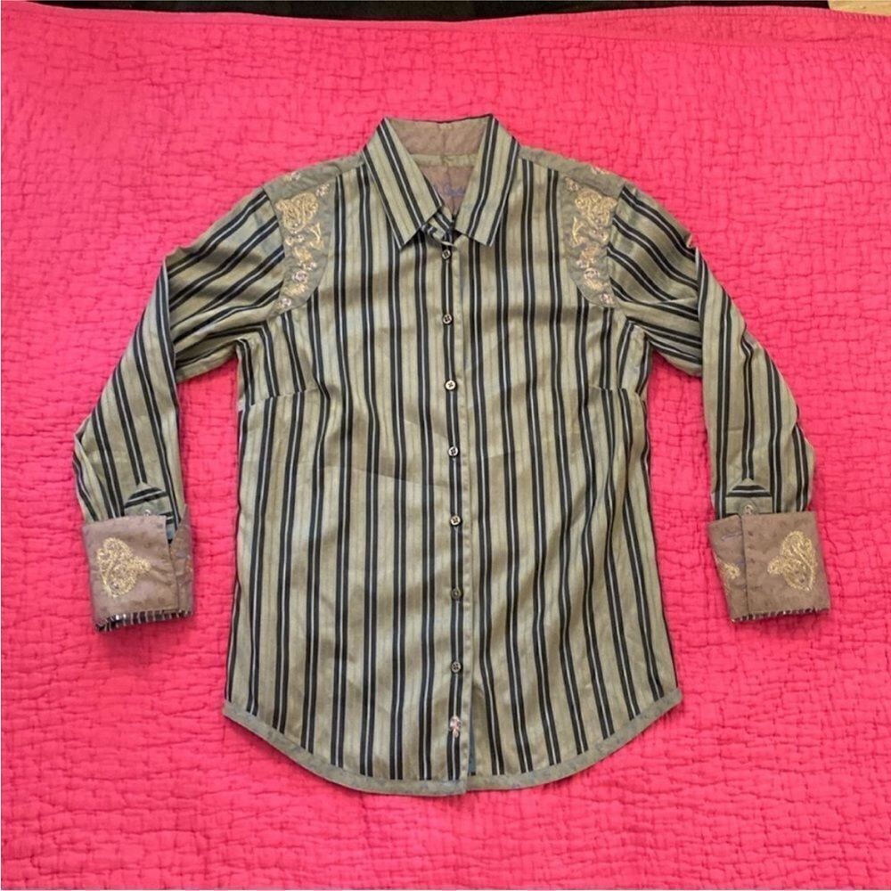 Robert Graham Striped Shirt with Embroidered Accents, S
